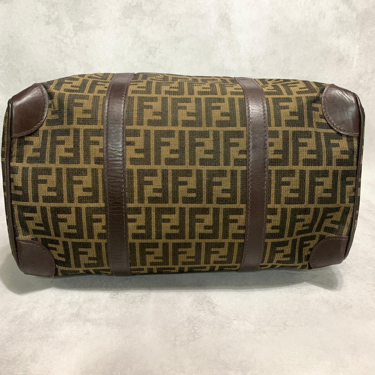 FENDI Boston Bag Zucca Canvas FF Handbag Tote Purse Brown Used Authentic Unisex