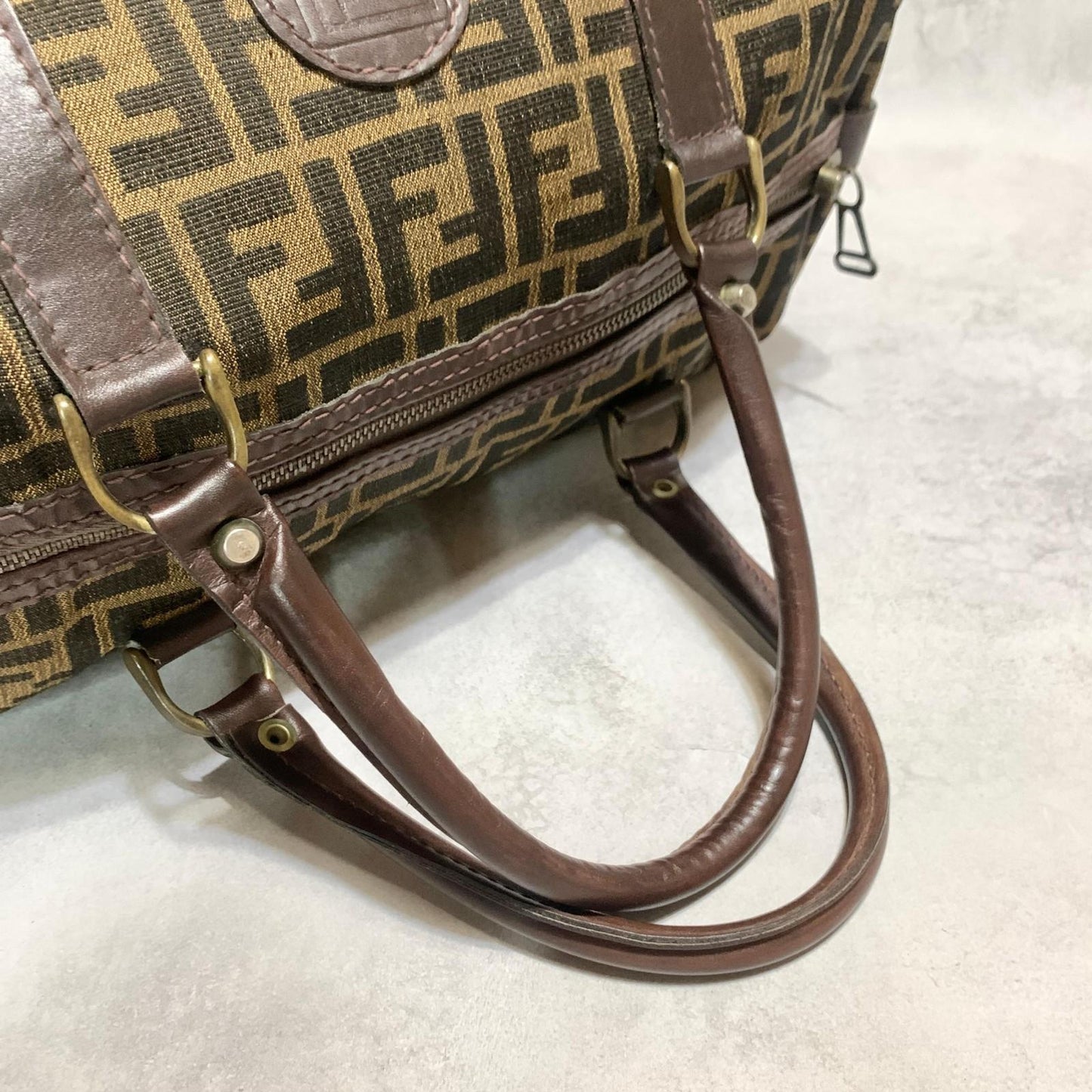 FENDI Boston Bag Zucca Canvas FF Handbag Tote Purse Brown Used Authentic Unisex