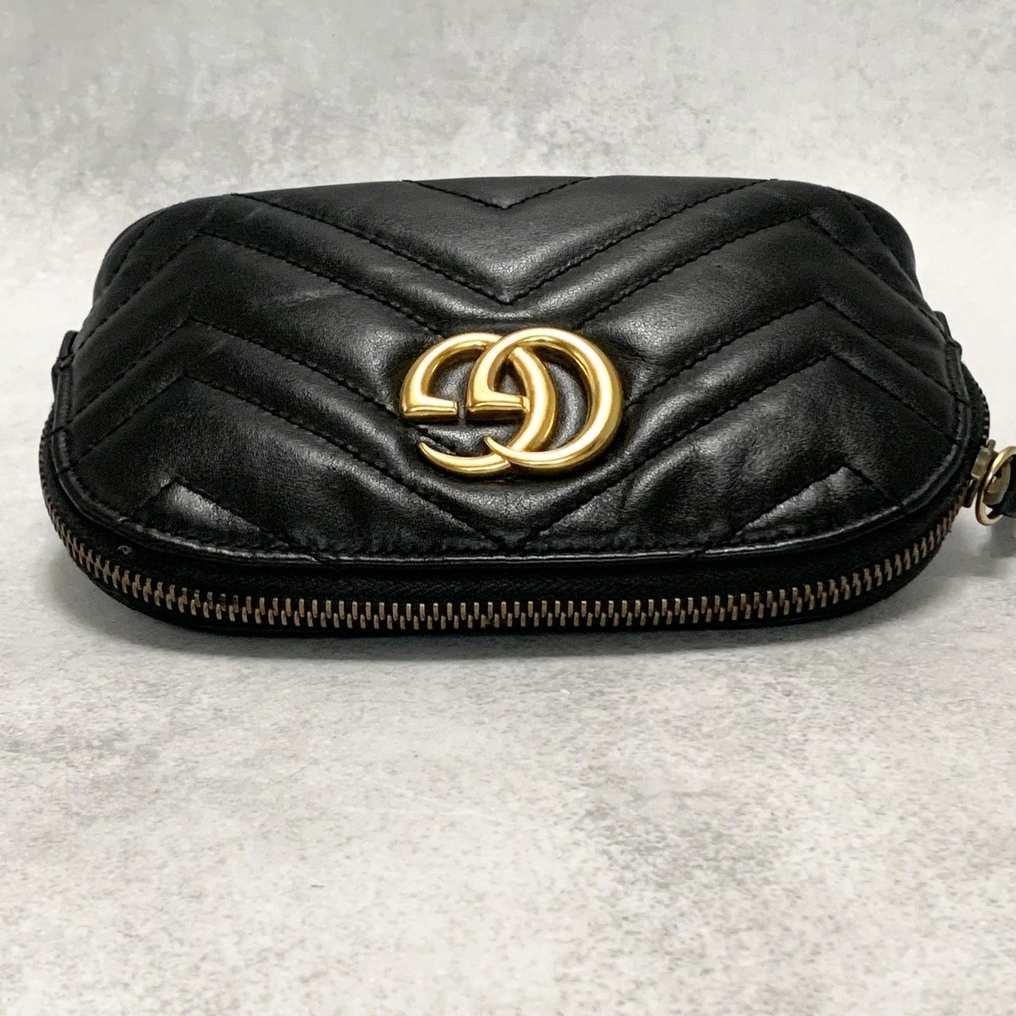 GUCCI Cosmetic Pouch GG Marmont Quilted Purse Leather Black Used Women's