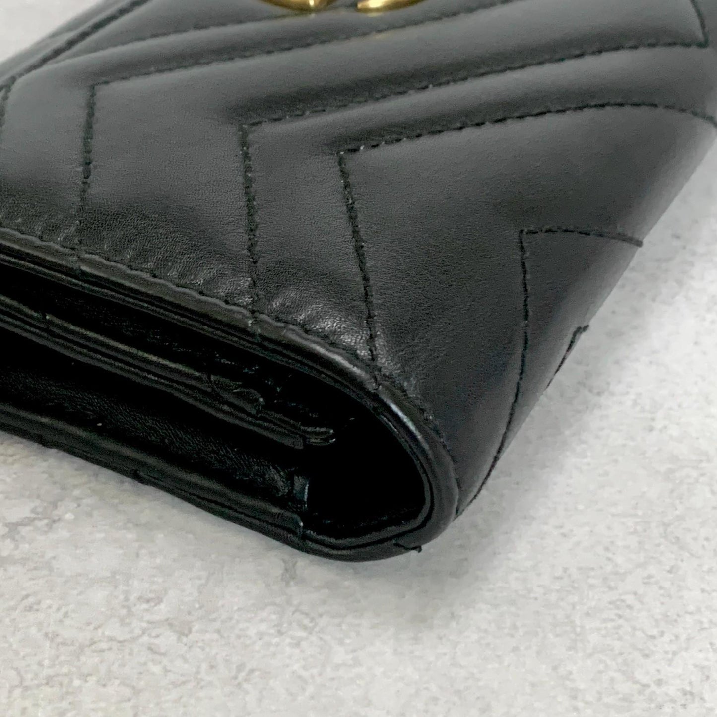 GUCCI Long Wallet GG Marmont Quilted Flap Purse Leather Black Gold Unisex Auth