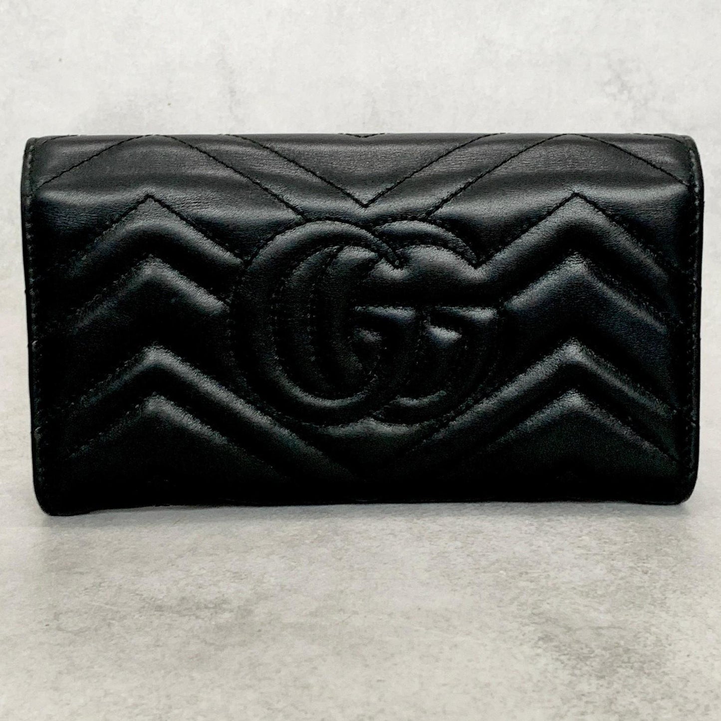 GUCCI Long Wallet GG Marmont Quilted Flap Purse Leather Black Gold Unisex Auth