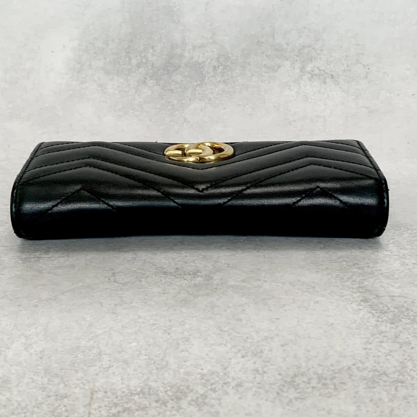 GUCCI Long Wallet GG Marmont Quilted Flap Purse Leather Black Gold Unisex Auth