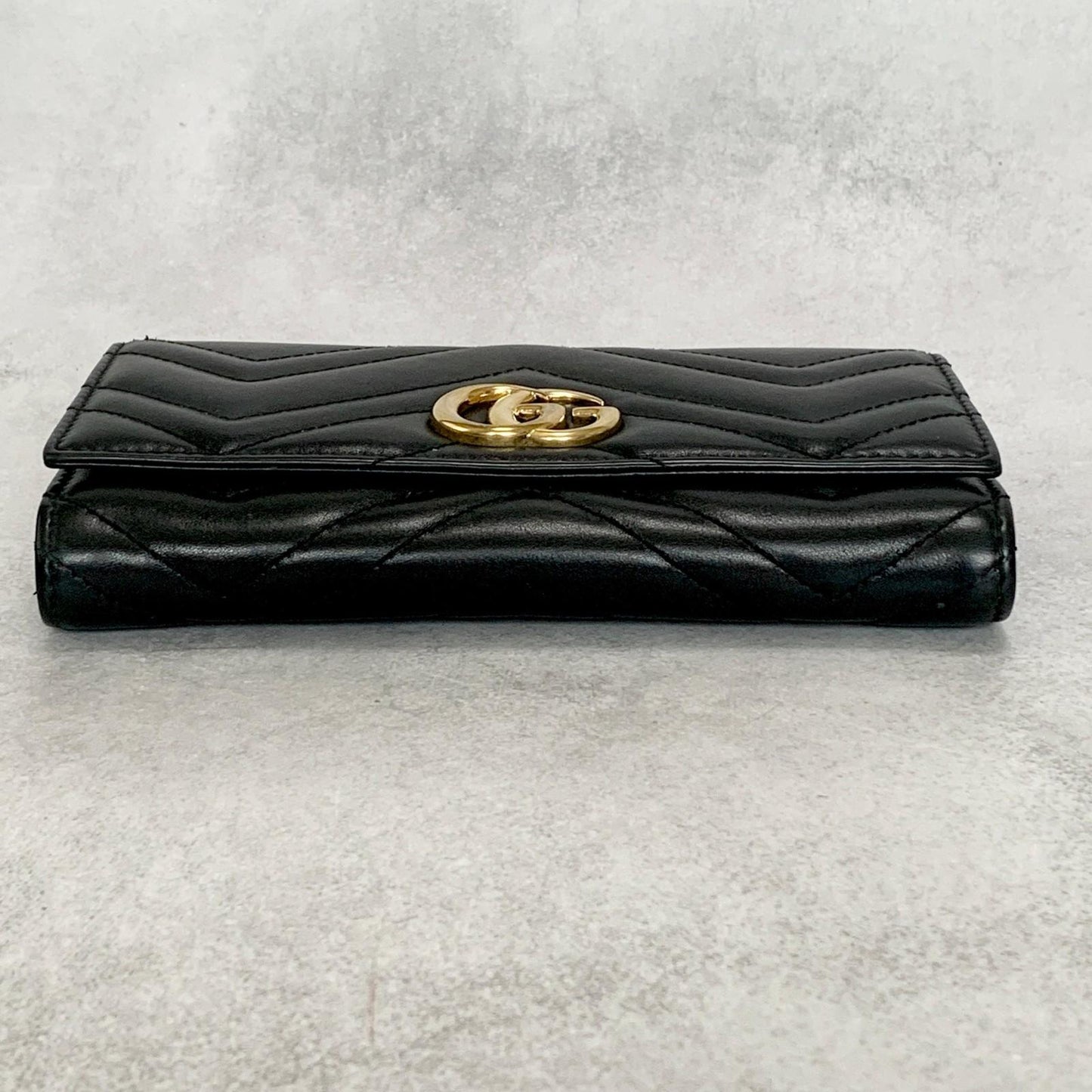 GUCCI Long Wallet GG Marmont Quilted Flap Purse Leather Black Gold Unisex Auth