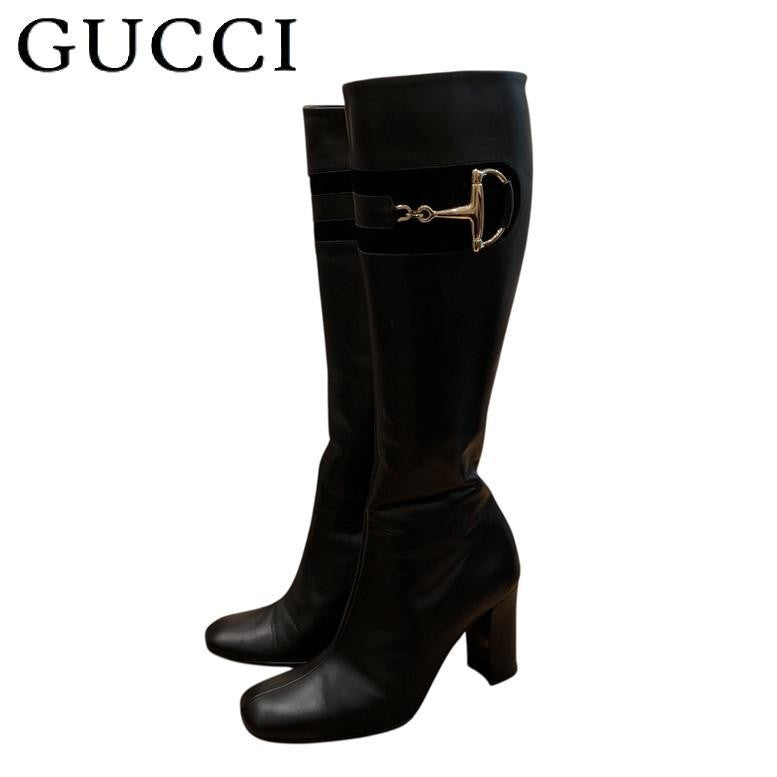 GUCCI Long Boots Shoes Horsebit EU 36.5 US 6.5 Black Authentic