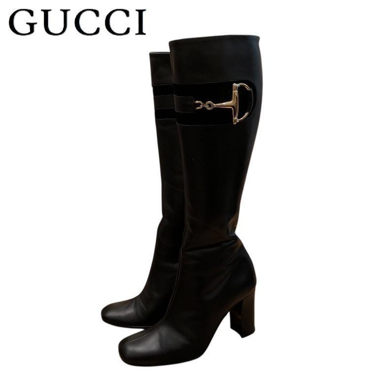 GUCCI Long Boots Shoes Horsebit EU 36.5 US 6.5 Black Authentic
