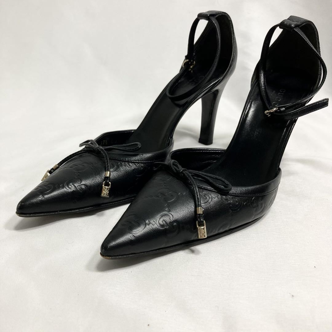 GUCCI Shoes Pumps Heel GG EU 37.5 US 7.5 Leather Black Authentic