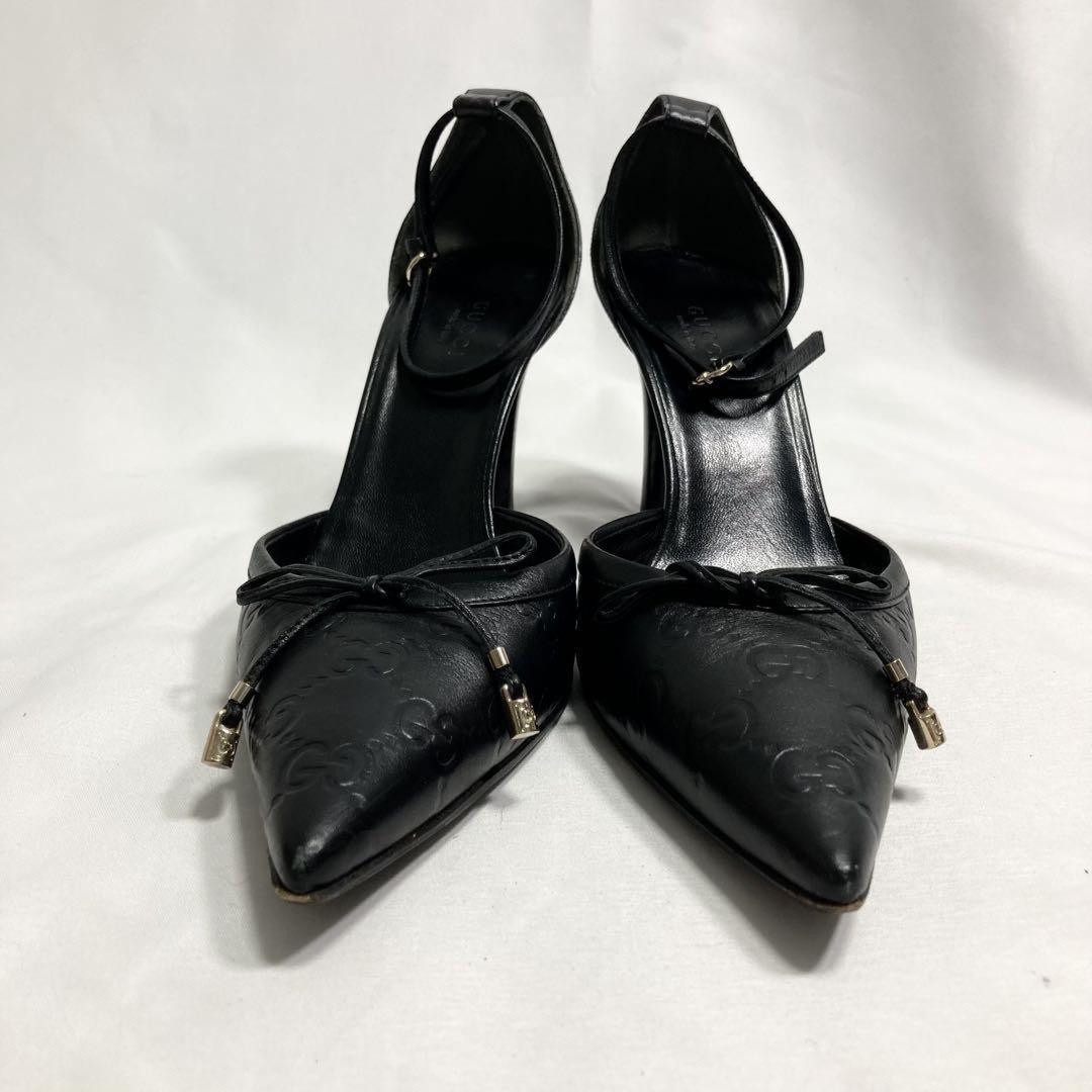GUCCI Shoes Pumps Heel GG EU 37.5 US 7.5 Leather Black Authentic