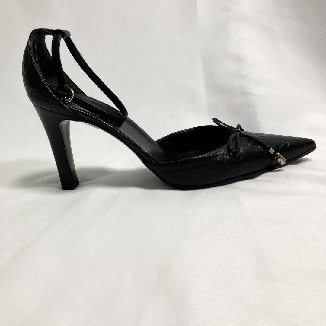 GUCCI Shoes Pumps Heel GG EU 37.5 US 7.5 Leather Black Authentic