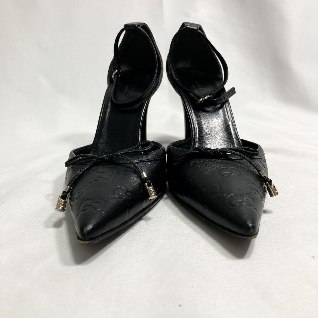 GUCCI Shoes Pumps Heel GG EU 37.5 US 7.5 Leather Black Authentic