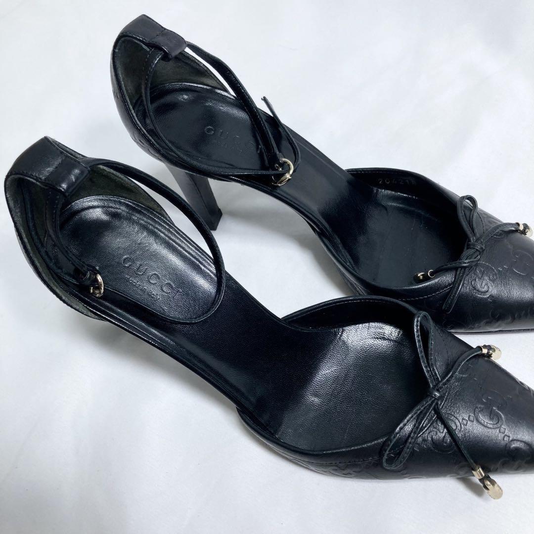 GUCCI Shoes Pumps Heel GG EU 37.5 US 7.5 Leather Black Authentic