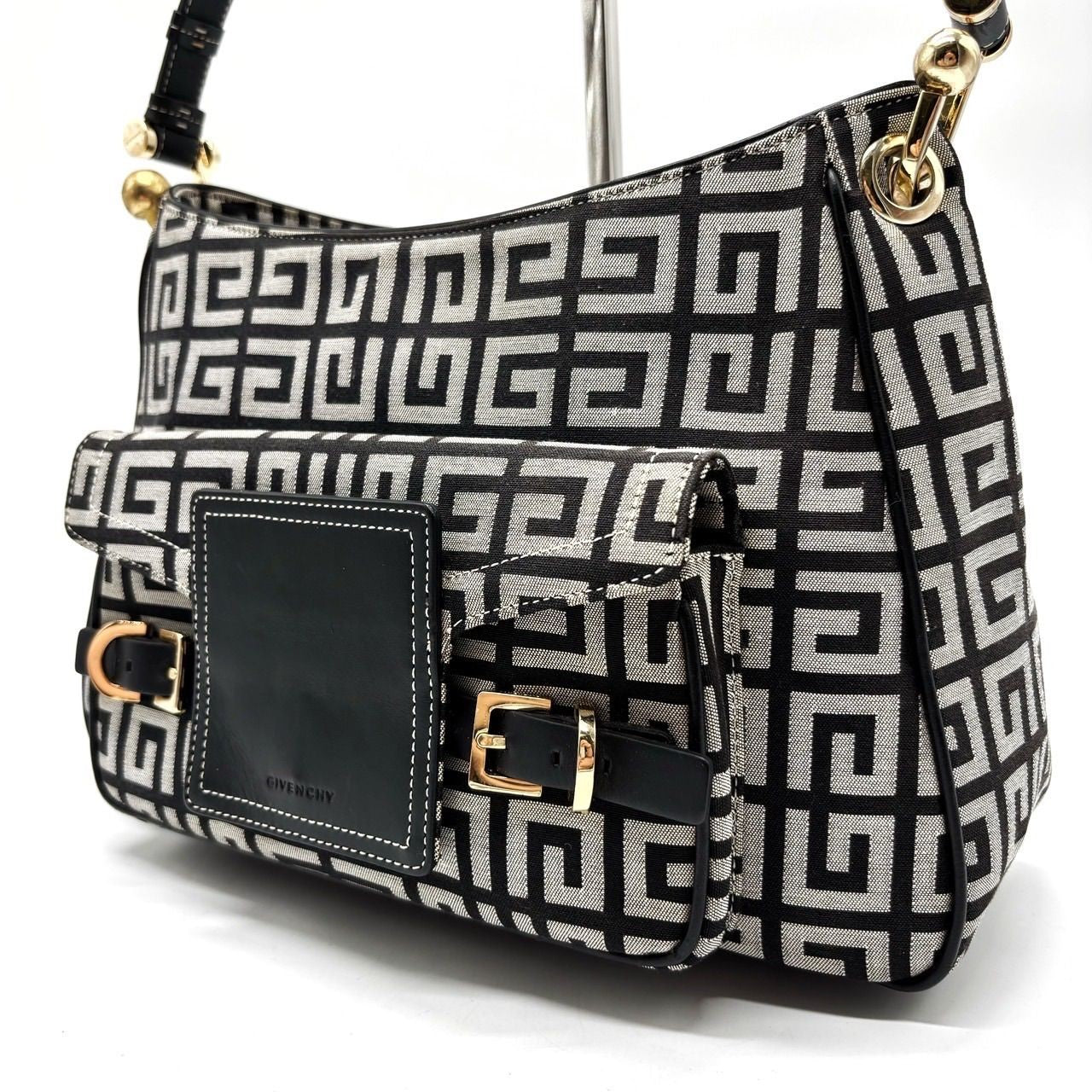 GIVENCHY Hand Bag Tote Purse 4G Canvas Leather Beige Black Authentic