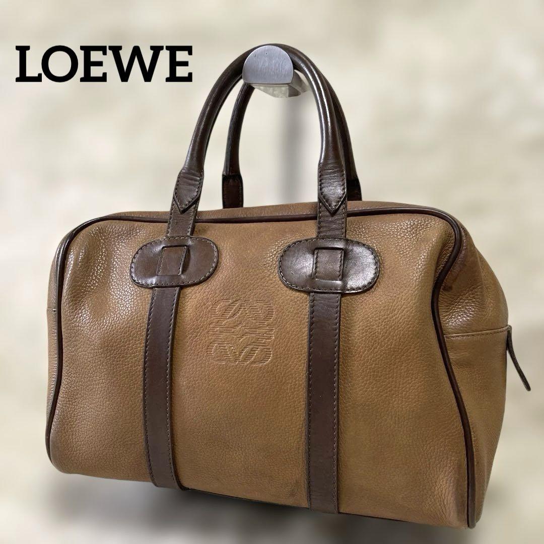 LOEWE Boston Bag Hand Tote Purse Anagram Leather Brown Authentic