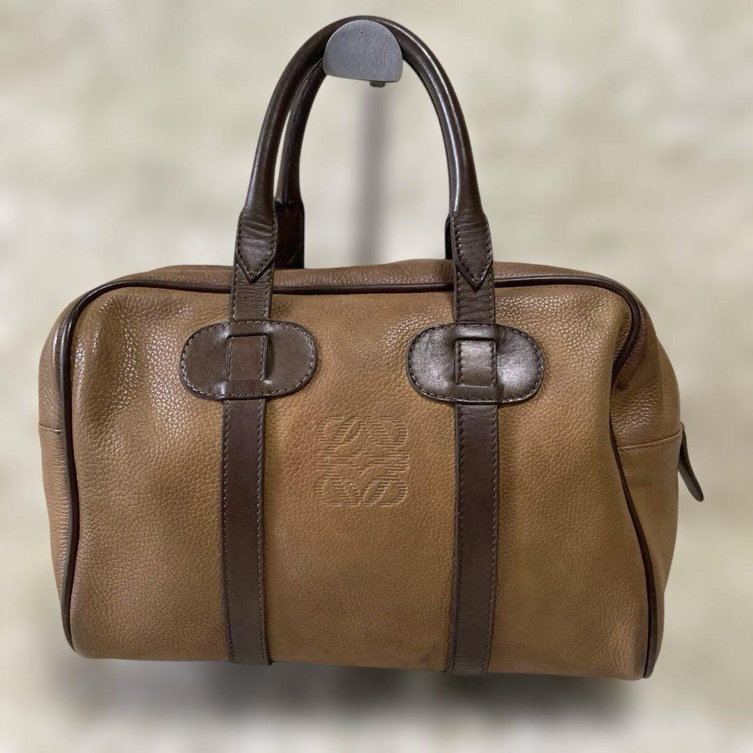 LOEWE Boston Bag Hand Tote Purse Anagram Leather Brown Authentic