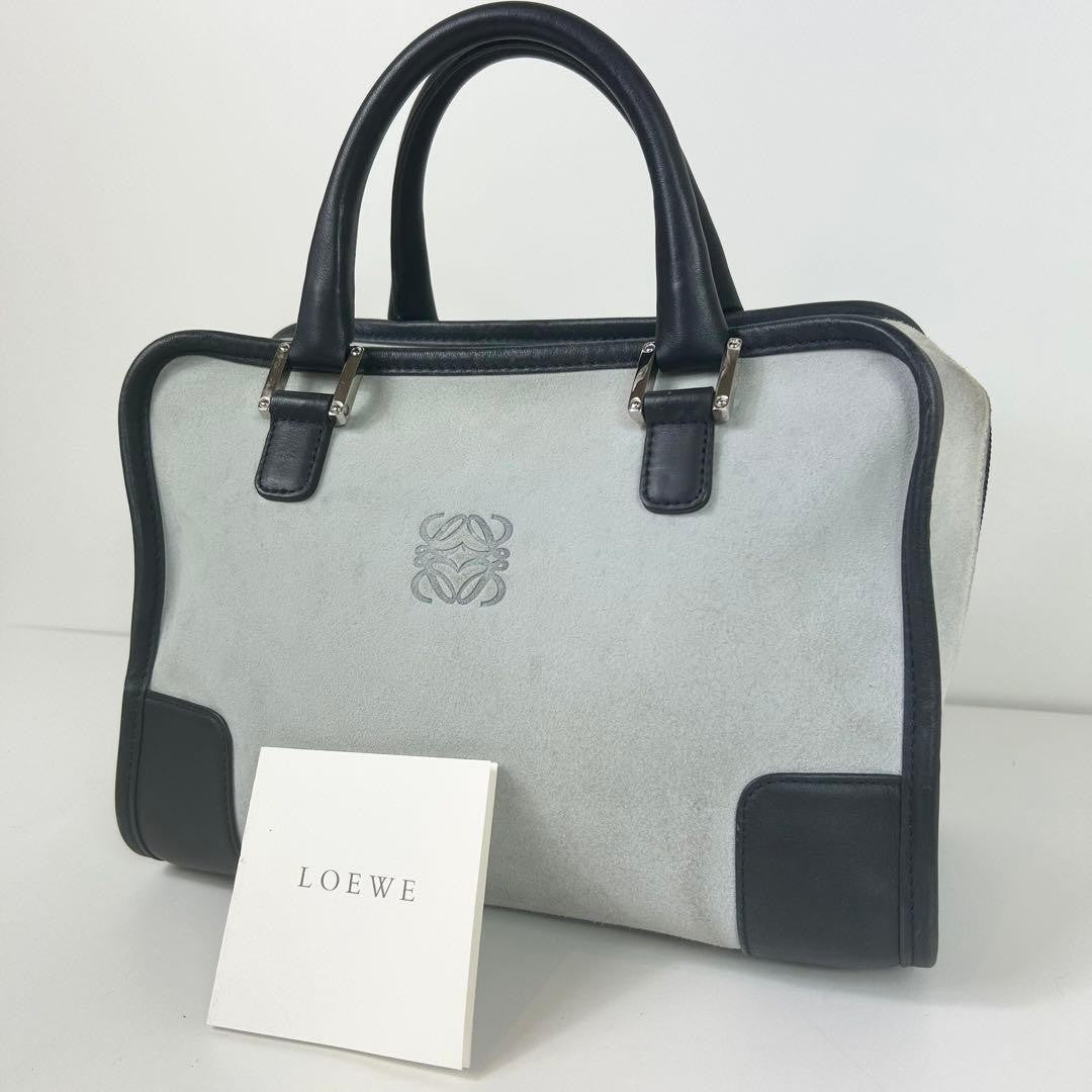 LOEWE Hand Bag Tote Purse Mini Boston Anagram Suede Leather Greige Black Auth