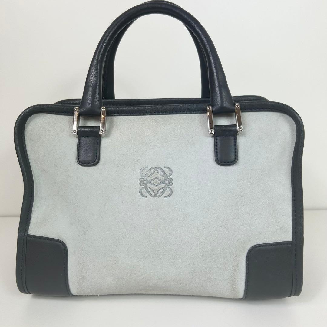 LOEWE Hand Bag Tote Purse Mini Boston Anagram Suede Leather Greige Black Auth