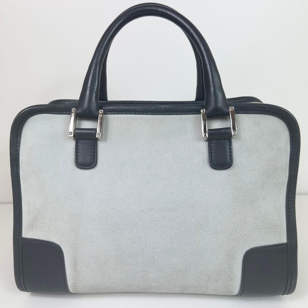 LOEWE Hand Bag Tote Purse Mini Boston Anagram Suede Leather Greige Black Auth
