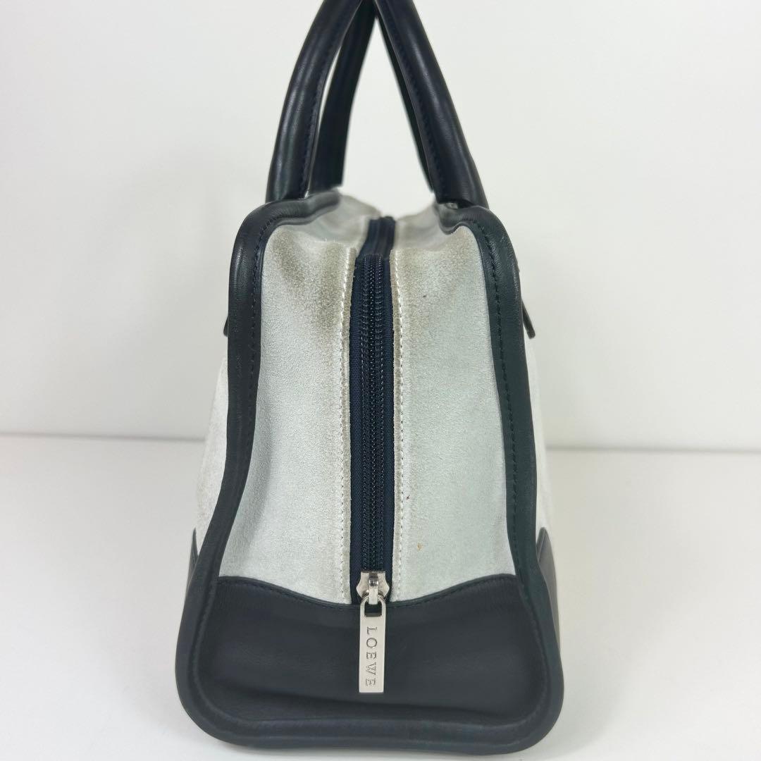 LOEWE Hand Bag Tote Purse Mini Boston Anagram Suede Leather Greige Black Auth