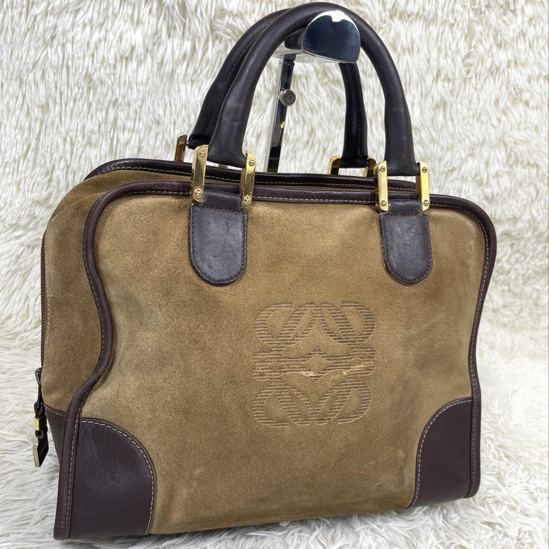 LOEWE Hand Bag Tote Purse Anagram Suede Leather Light Brown Authentic