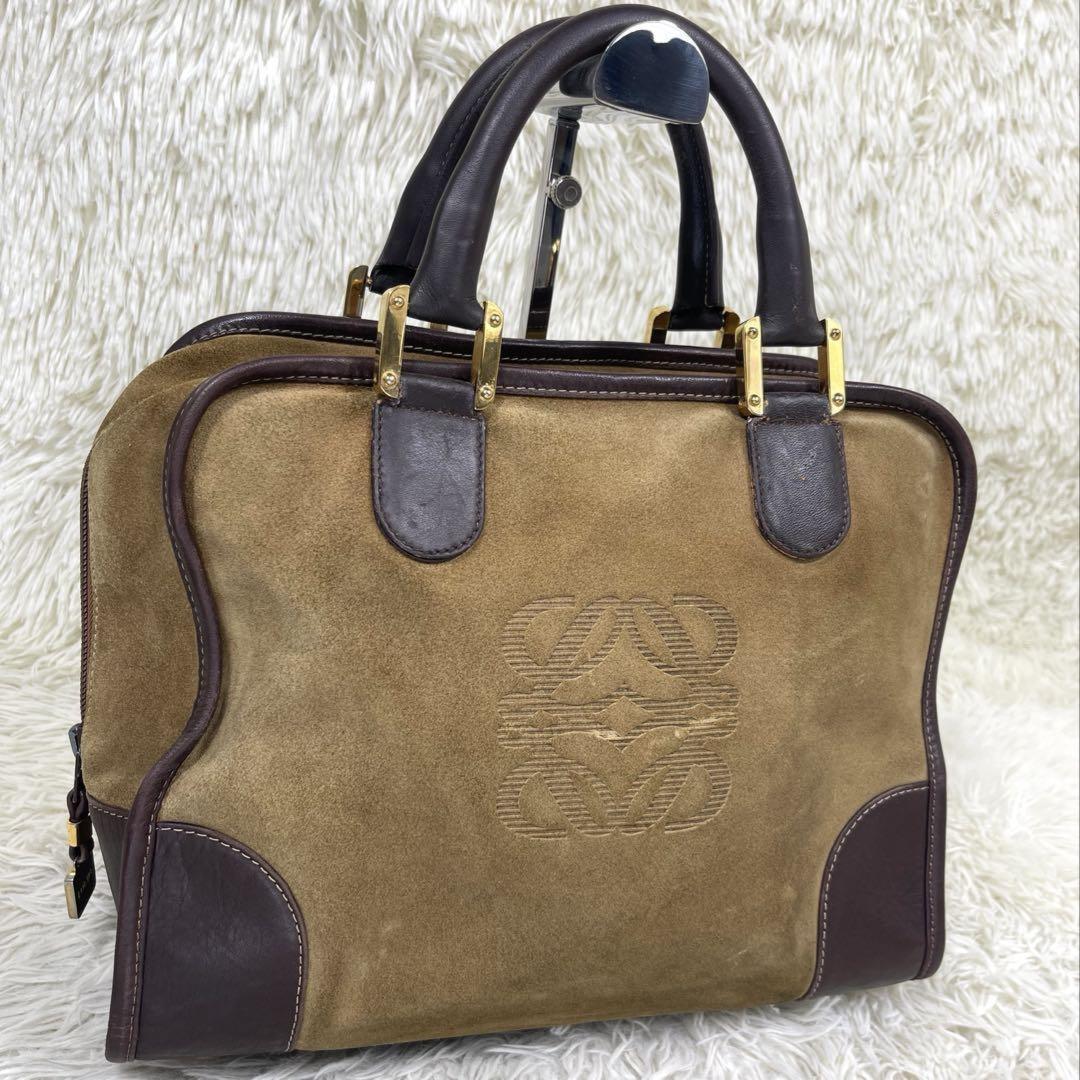 LOEWE Hand Bag Tote Purse Anagram Suede Leather Light Brown Authentic