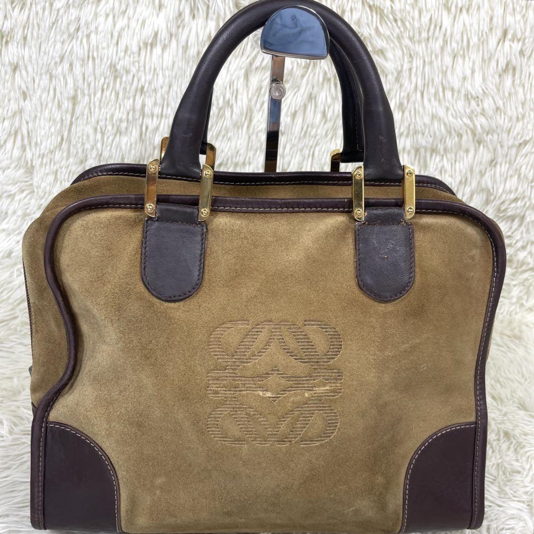 LOEWE Hand Bag Tote Purse Anagram Suede Leather Light Brown Authentic
