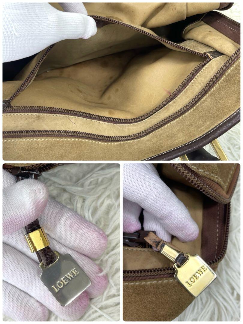LOEWE Hand Bag Tote Purse Anagram Suede Leather Light Brown Authentic