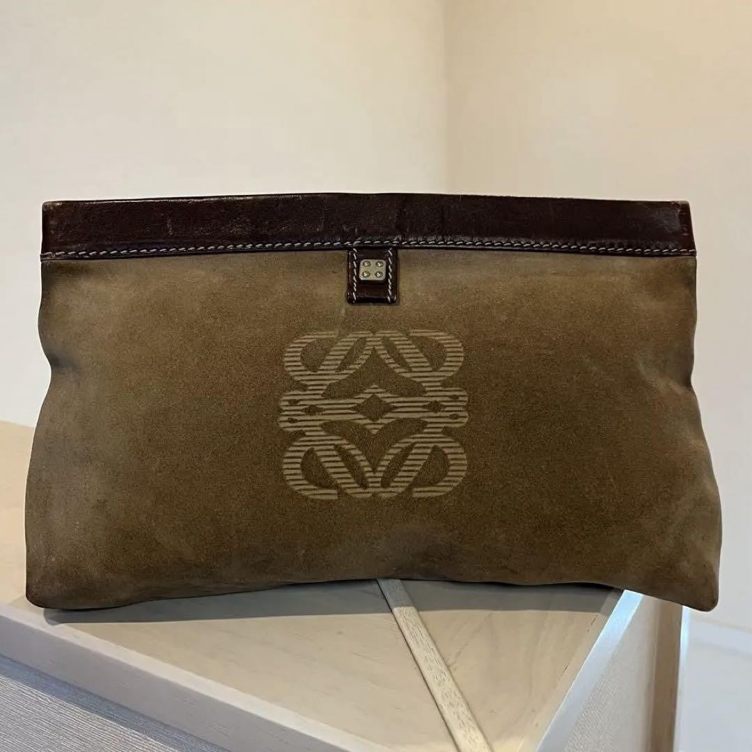 LOEWE Clutch Bag Second Bag Anagram Suede Leather Brown Authentic