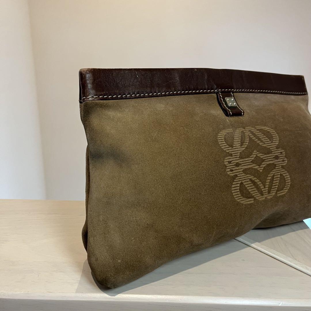 LOEWE Clutch Bag Second Bag Anagram Suede Leather Brown Authentic