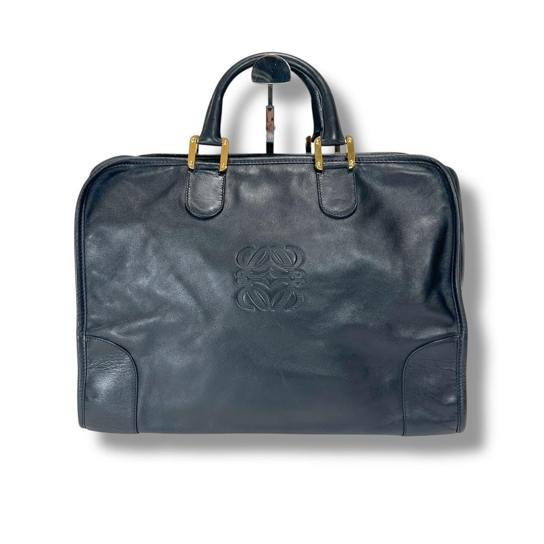 LOEWE Mini Boston Bag Hand Tote Purse Anagram Leather Black Authentic