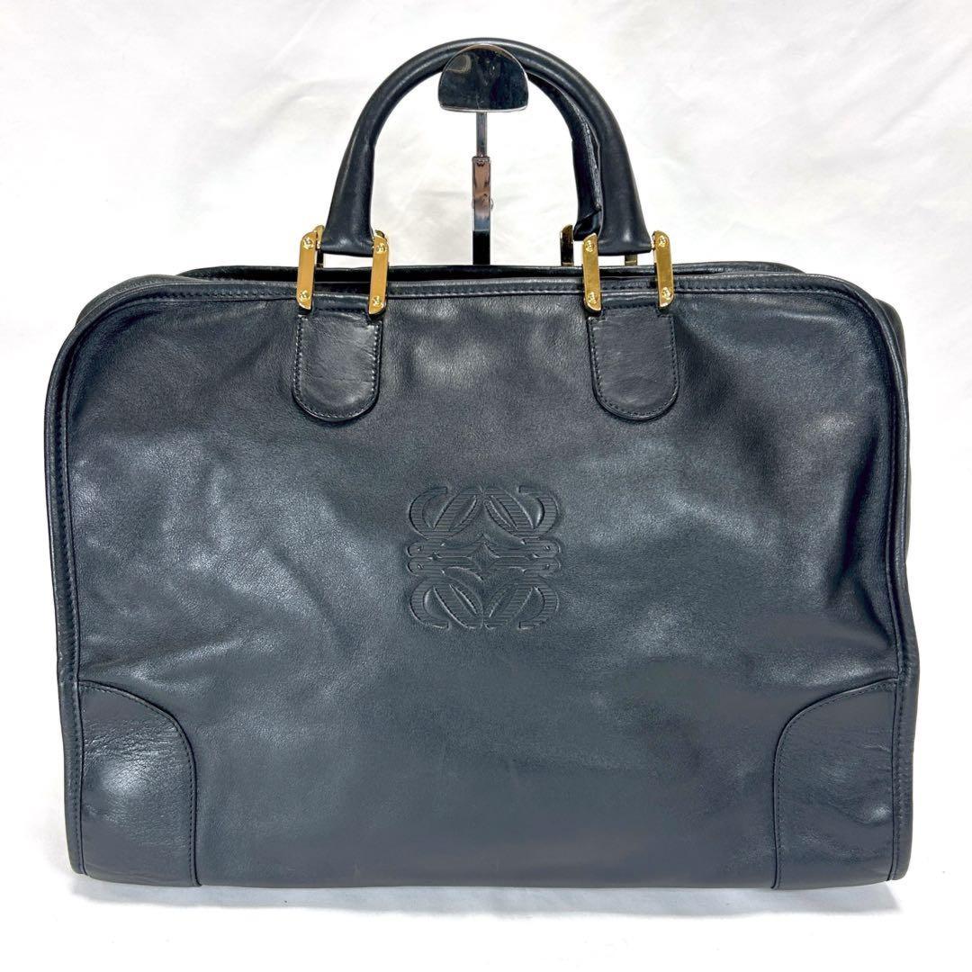 LOEWE Mini Boston Bag Hand Tote Purse Anagram Leather Black Authentic