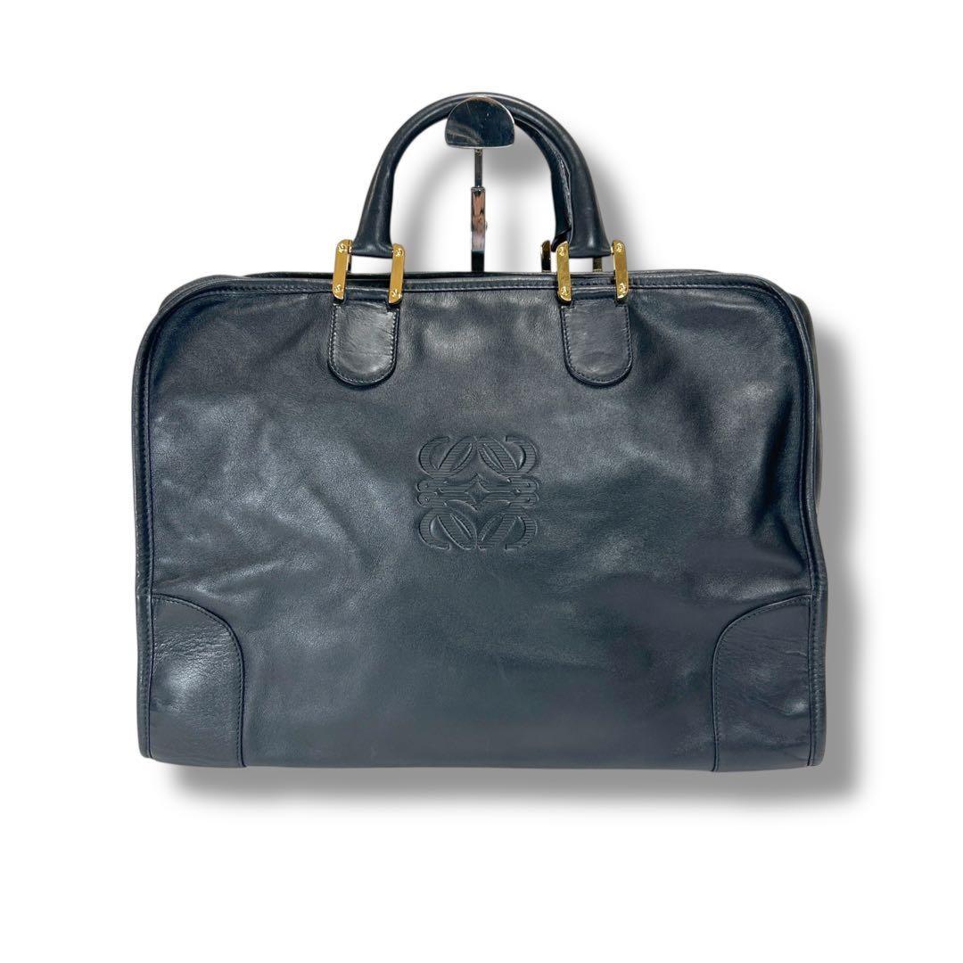 LOEWE Mini Boston Bag Hand Tote Purse Anagram Leather Black Authentic