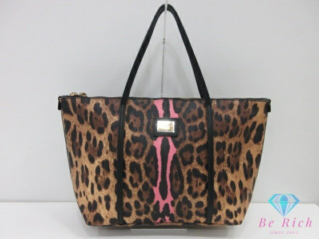 Dolce & Gabbana Hand Bag Tote Purse Leopard PVC Leather Brown Pink Authentic
