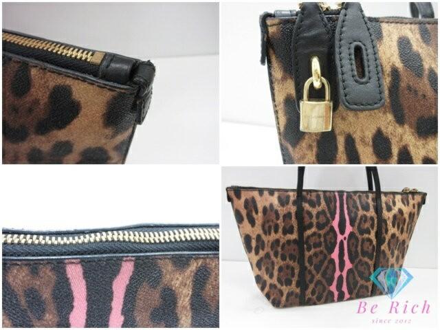 Dolce & Gabbana Hand Bag Tote Purse Leopard PVC Leather Brown Pink Authentic
