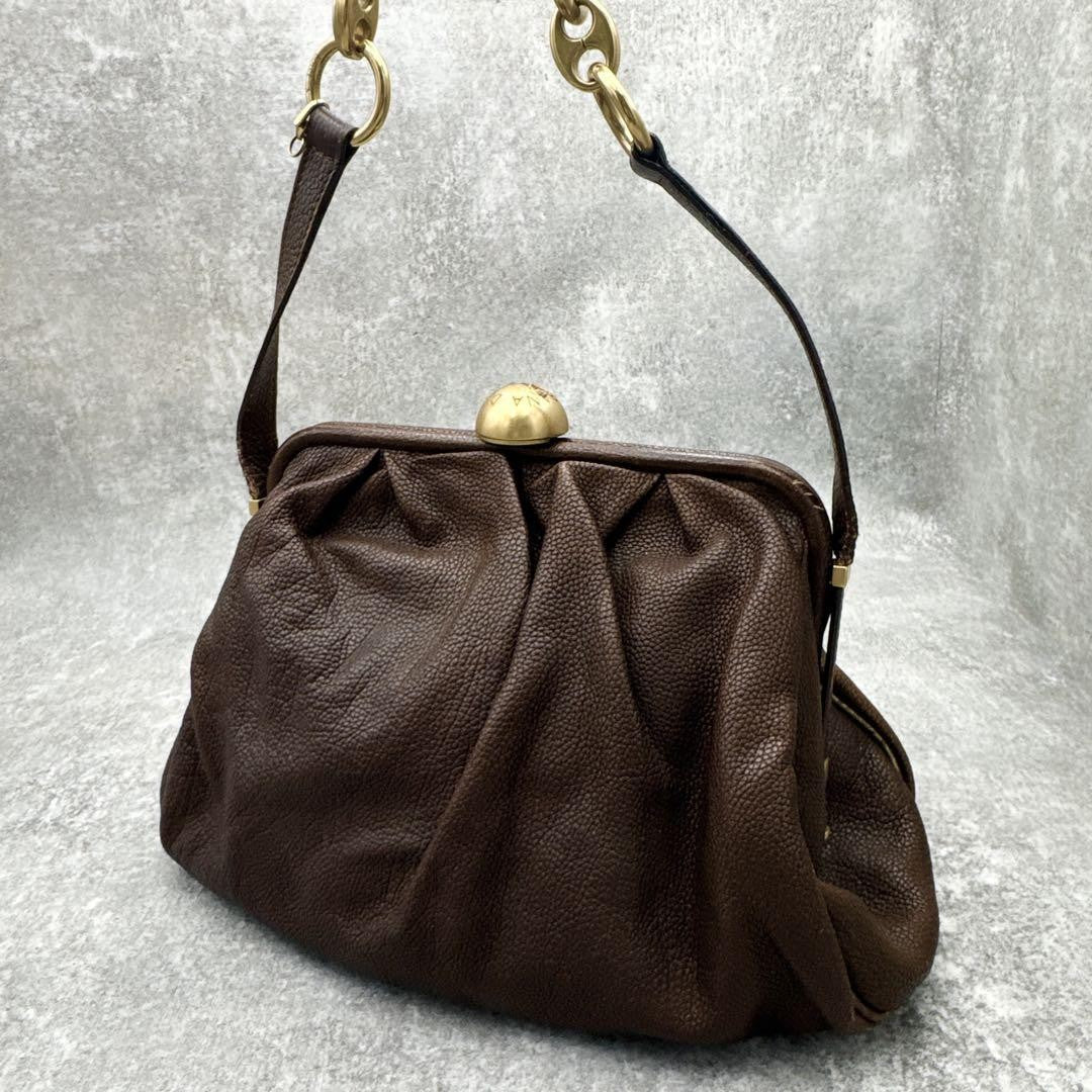 Dolce & Gabbana Shoulder Bag Purse KissLock Leather Brown Authentic