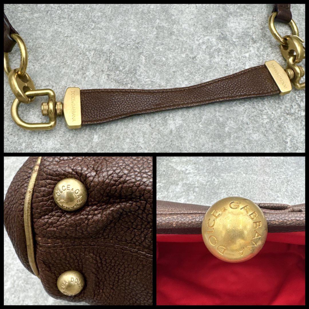 Dolce & Gabbana Shoulder Bag Purse KissLock Leather Brown Authentic