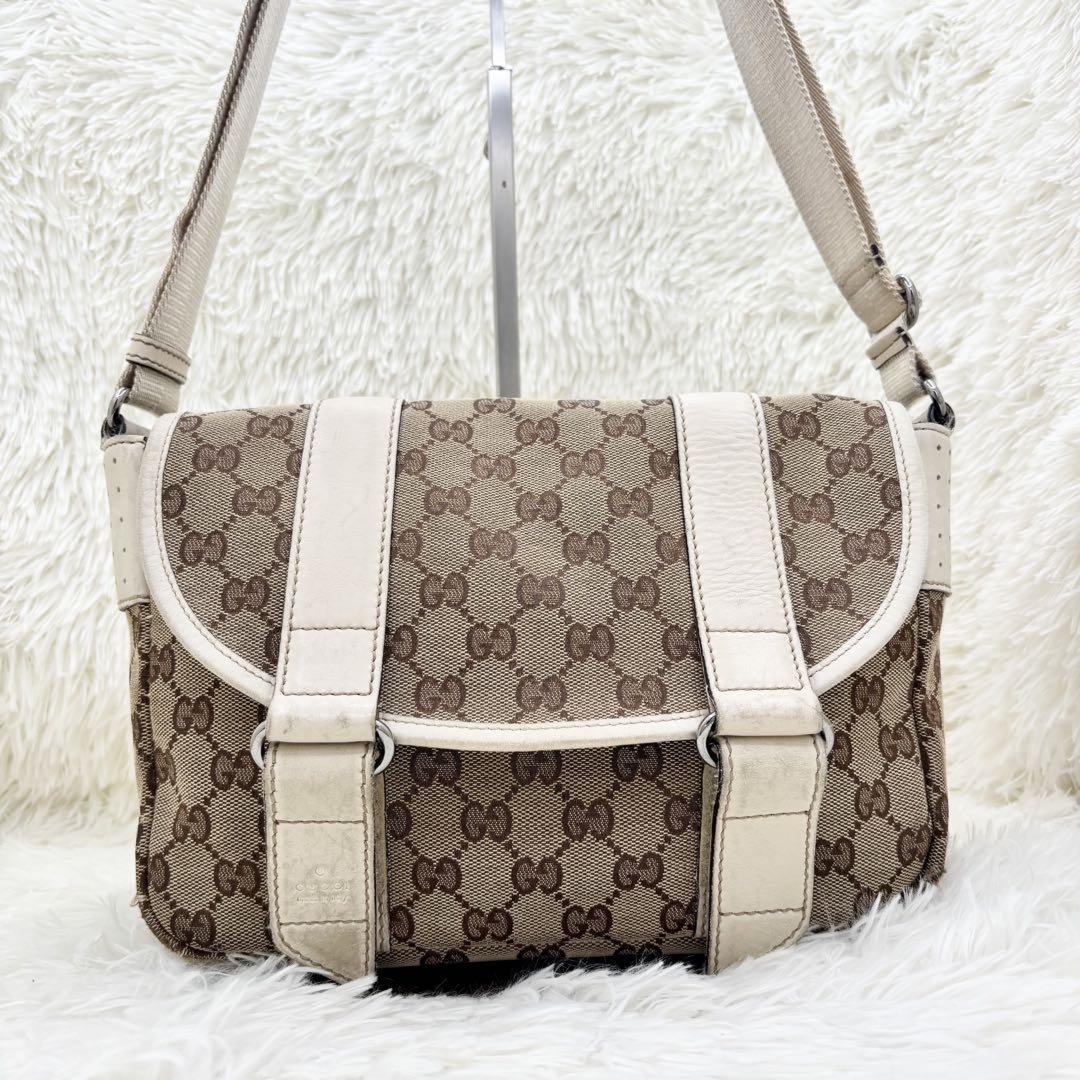 GUCCI Shoulder Bag Purse GG Canvas Leather White Brown Authentic