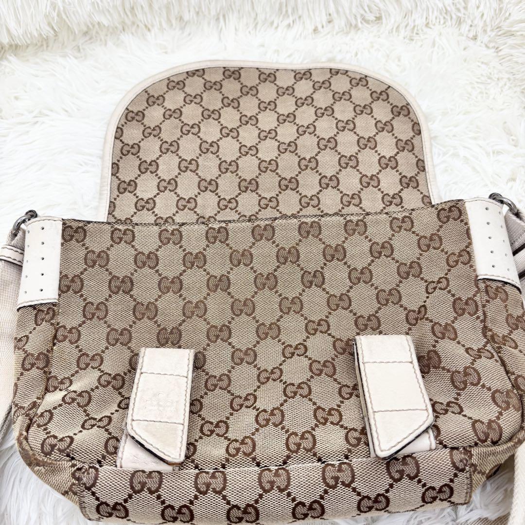 GUCCI Shoulder Bag Purse GG Canvas Leather White Brown Authentic