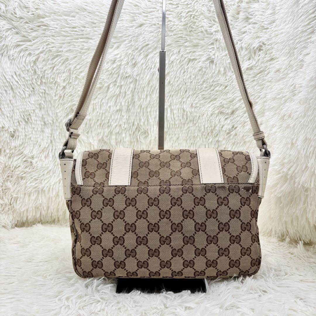 GUCCI Shoulder Bag Purse GG Canvas Leather White Brown Authentic