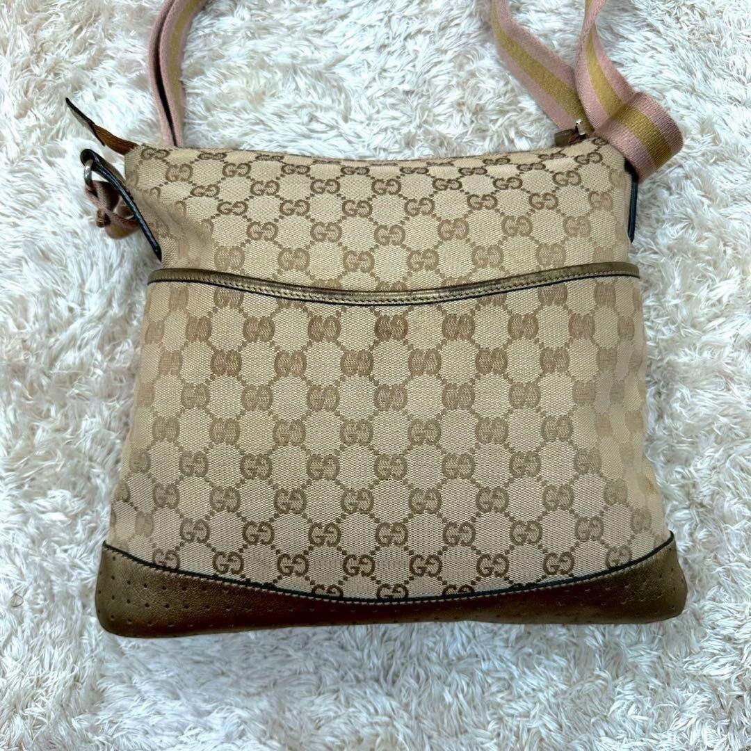 GUCCI Shoulder Bag Purse GG Canvas Leather Beige Gold Authentic