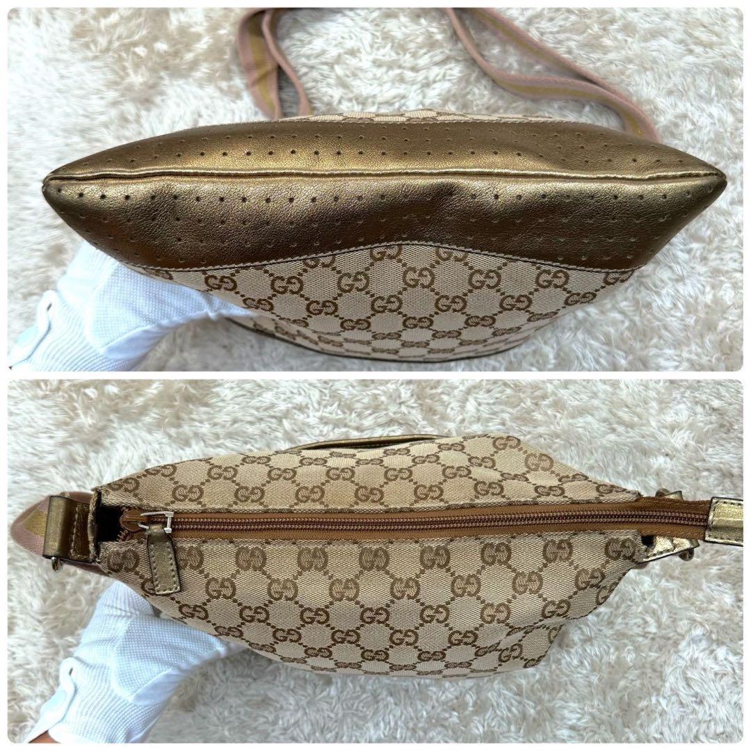GUCCI Shoulder Bag Purse GG Canvas Leather Beige Gold Authentic