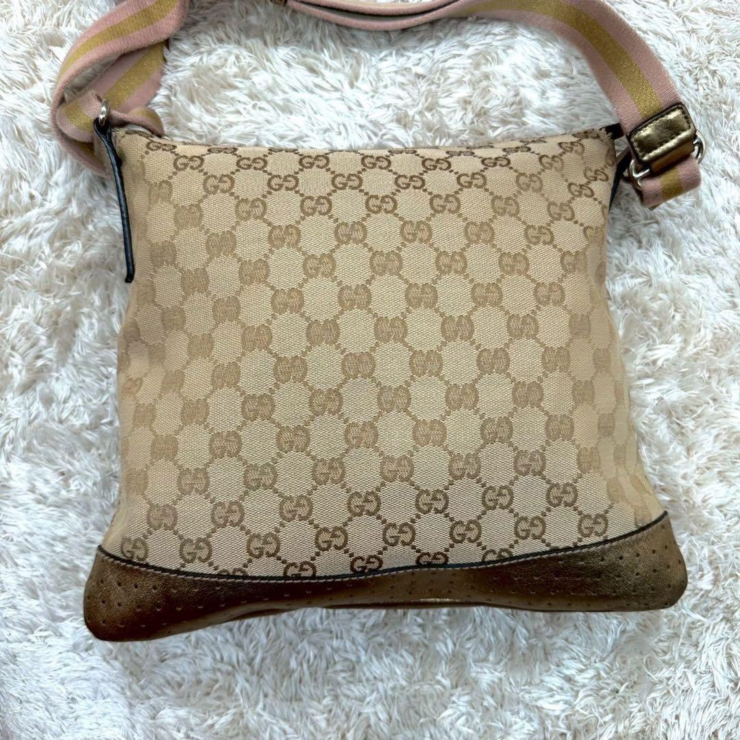GUCCI Shoulder Bag Purse GG Canvas Leather Beige Gold Authentic