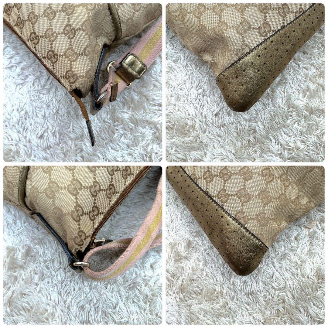 GUCCI Shoulder Bag Purse GG Canvas Leather Beige Gold Authentic