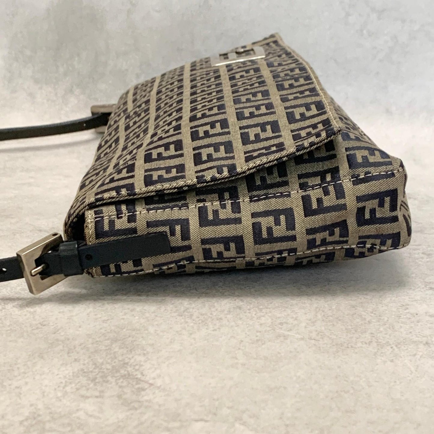 FENDI Shoulder Bag Baguette Zucchino FF Purse Canvas Leather Authentic