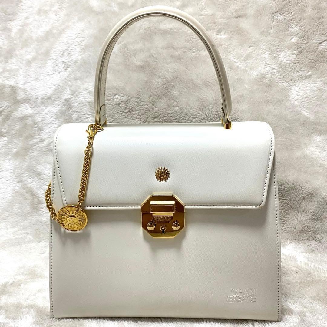 VERSACE Hand Bag Tote Purse Sunburst White Authentic
