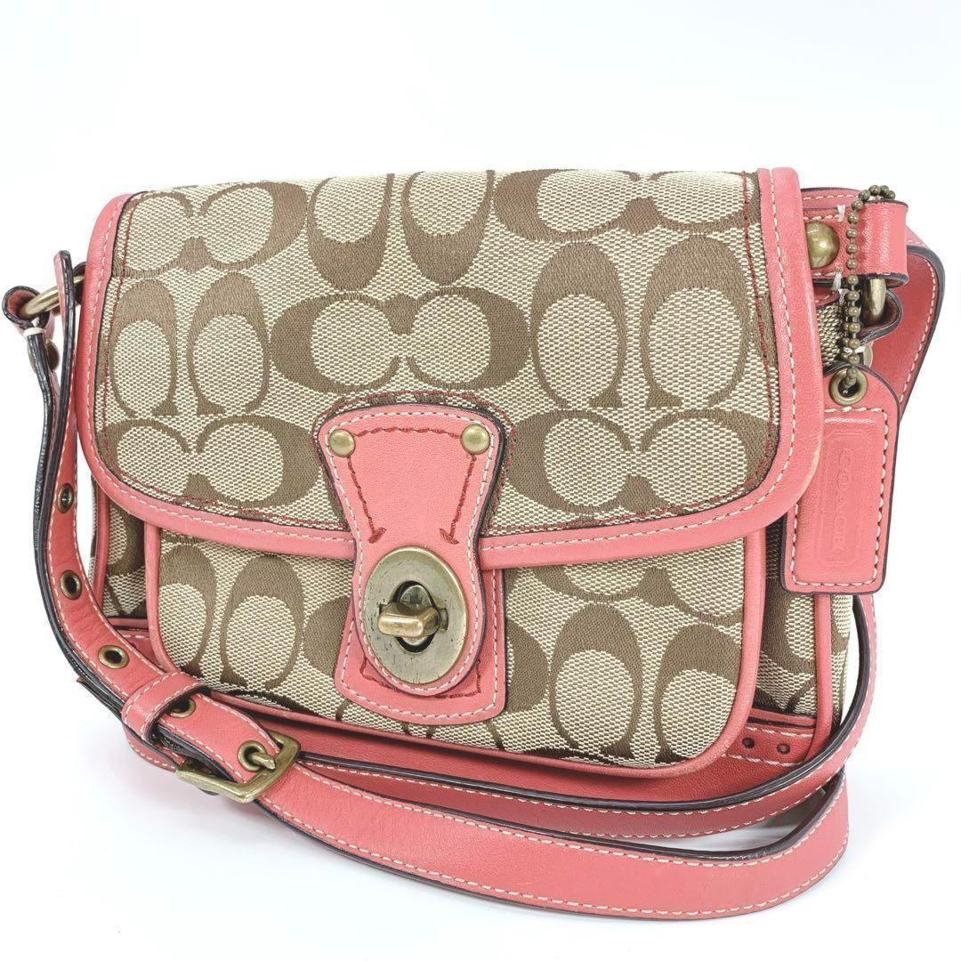 COACH Shoulder Bag Purse Signature Beige Pink Authentic