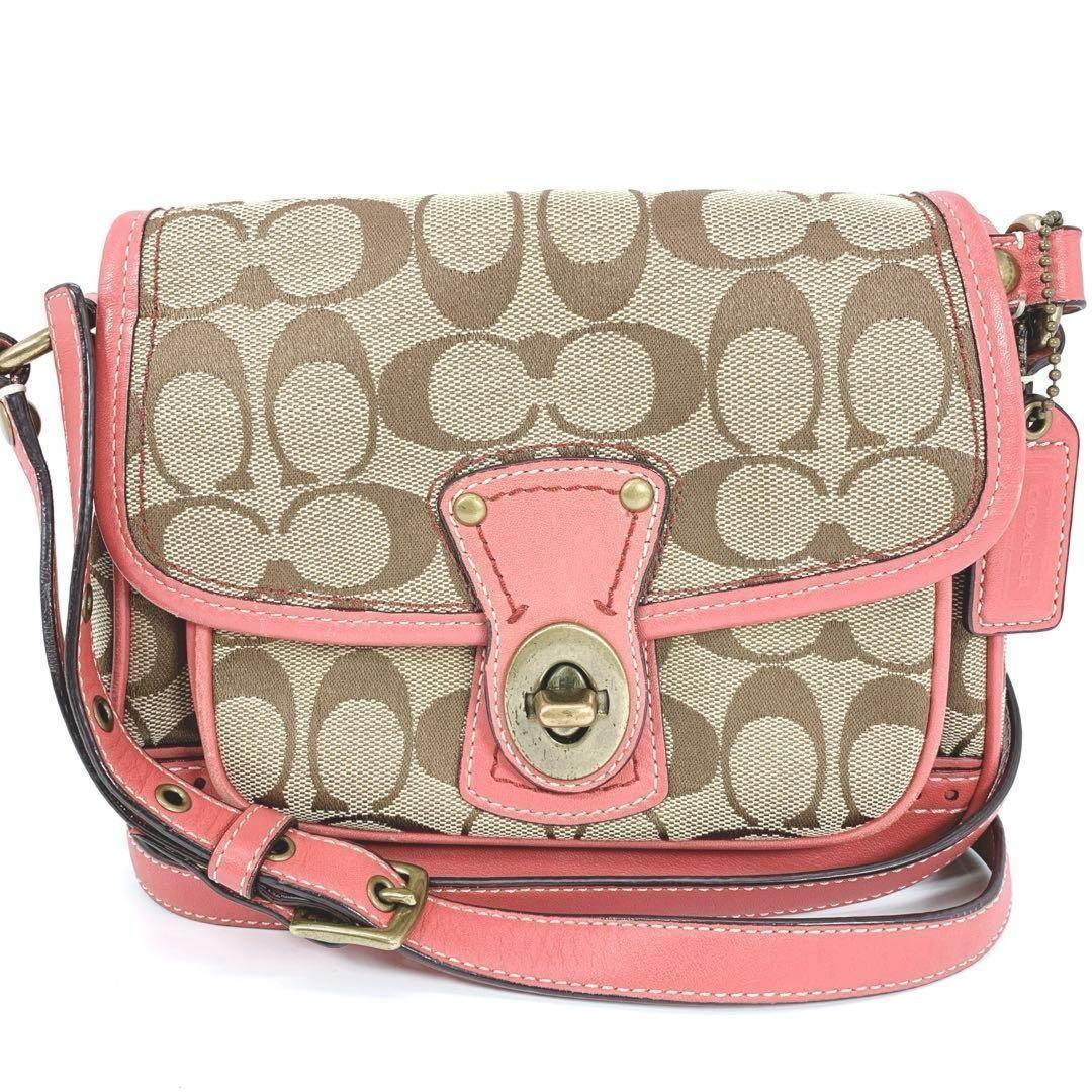 COACH Shoulder Bag Purse Signature Beige Pink Authentic