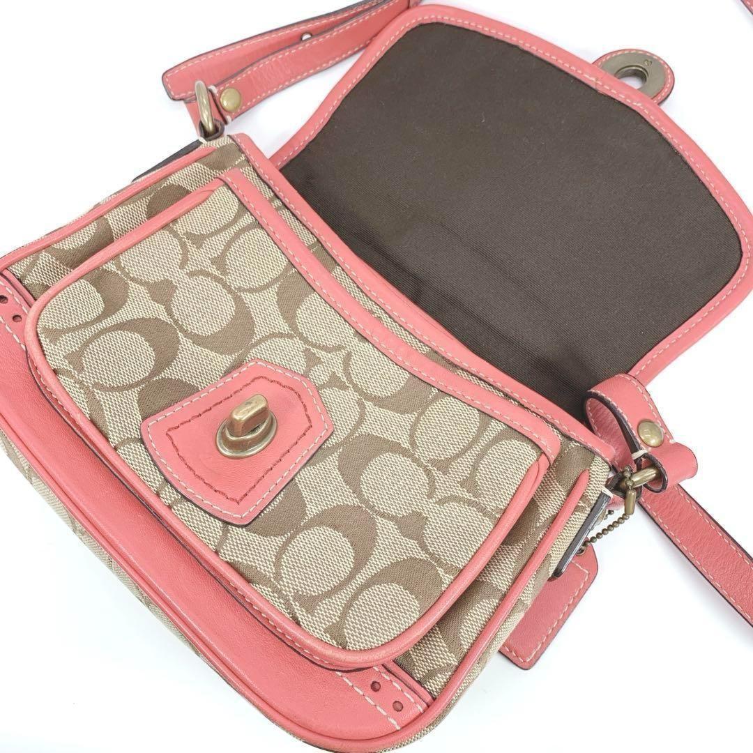 COACH Shoulder Bag Purse Signature Beige Pink Authentic