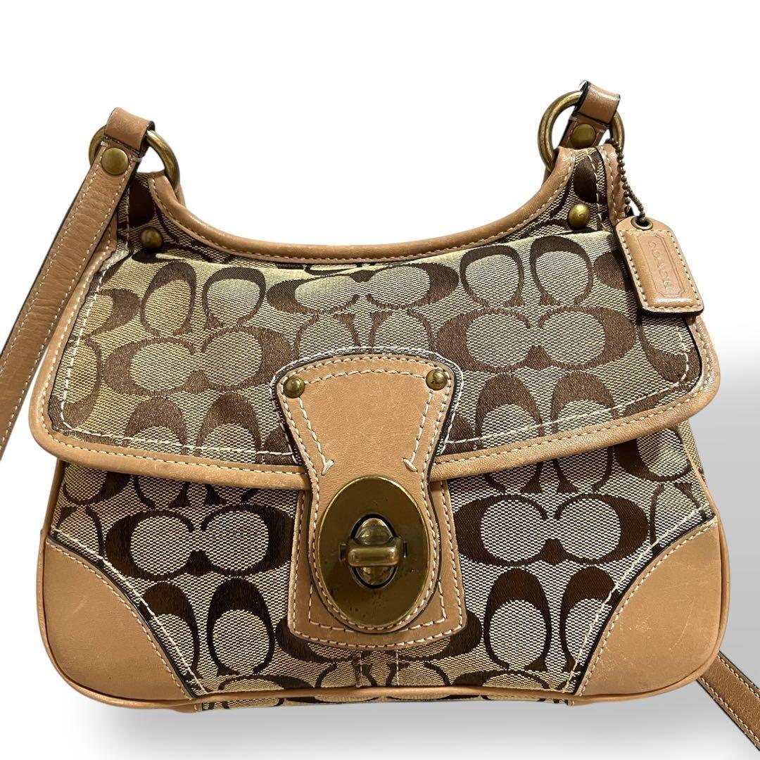 COACH Shoulder Bag Purse Turn Lock Signature Canvas Beige Authentic