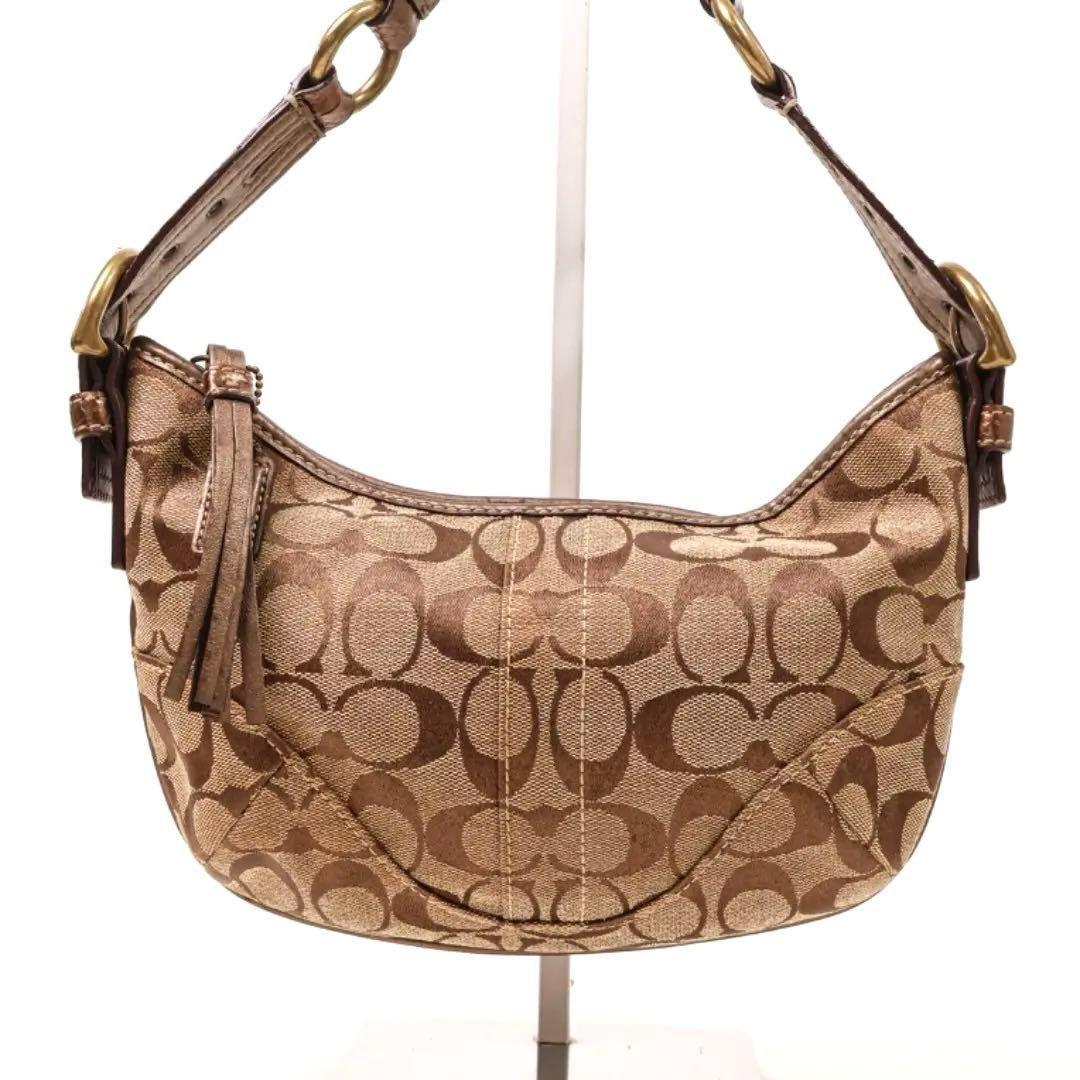 COACH Hand Shoulder Bag Tote Purse Signature Nylon Canvas Brown Authentic
