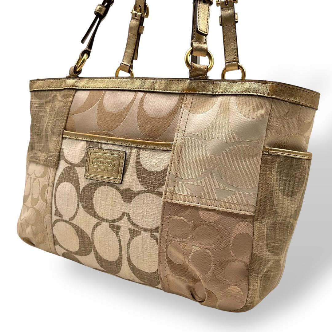 COACH Hand Bag Tote Purse Signature Denim Leather Beige Brown Gold Authentic