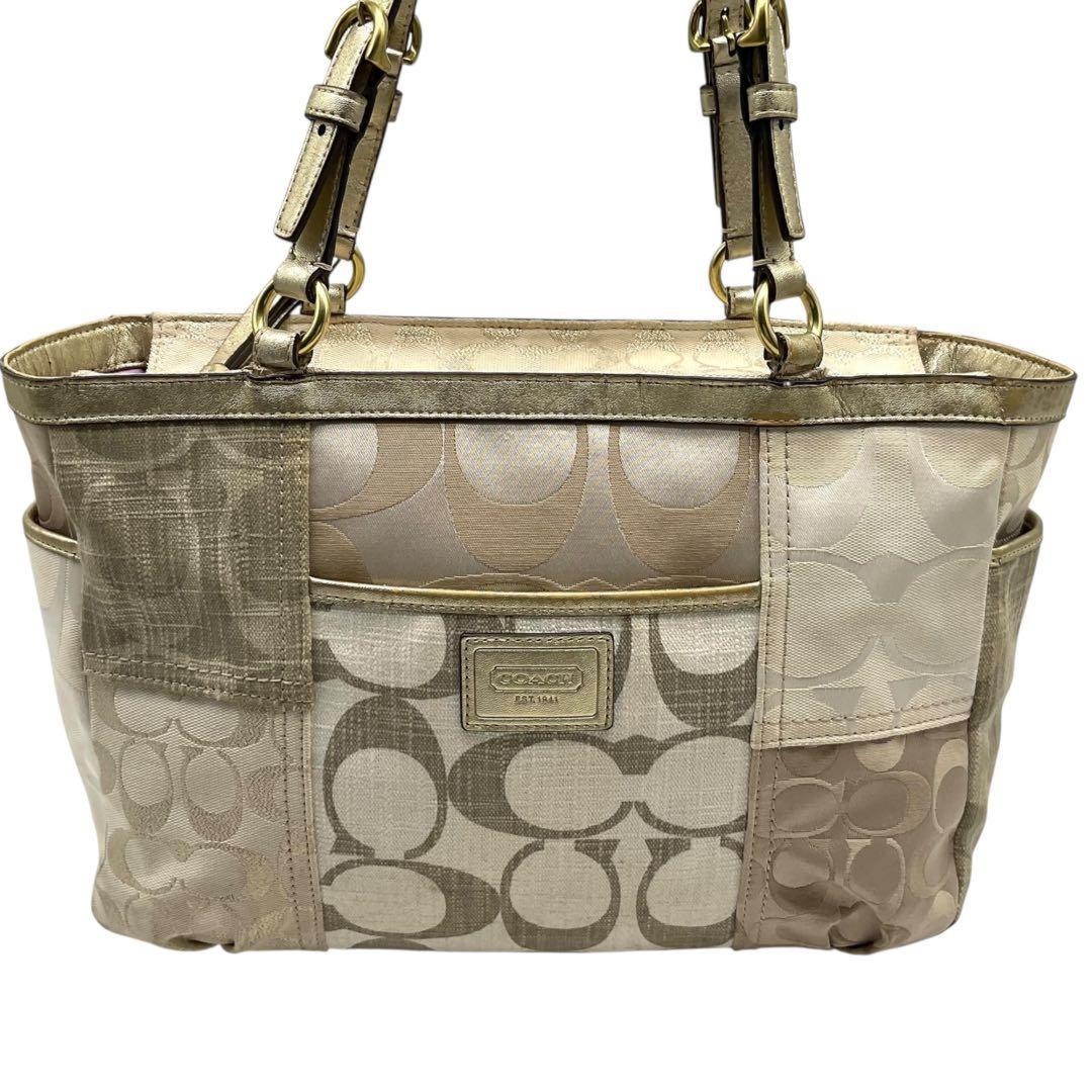 COACH Hand Bag Tote Purse Signature Denim Leather Beige Brown Gold Authentic